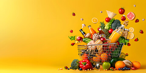 Close-up photography of a Supermarket Shopping Cart or Basket Full of Grocery Products Floating Fresh Fruits and Vegetables and Bottles on a Lively Landscape Yellow Background. Huge Copy Space