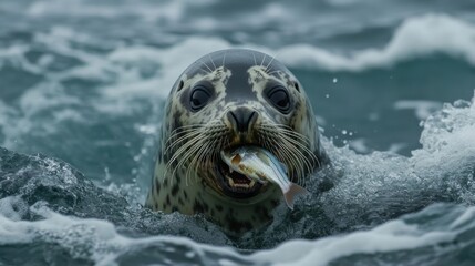Fototapeta premium Harbor Seal With Fish In Mouth