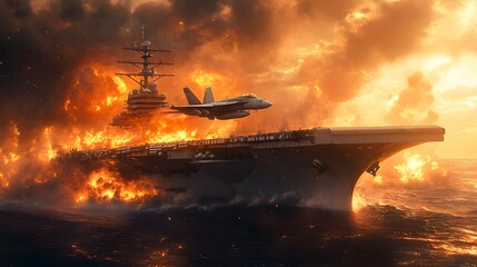 Chaotic scene of a fighter jet racing above an aircraft carrier engulfed in explosions and fire, with a deep fault line tearing through the deck