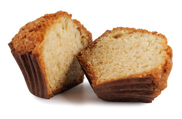 Muffin cut in half isolated on a white background.