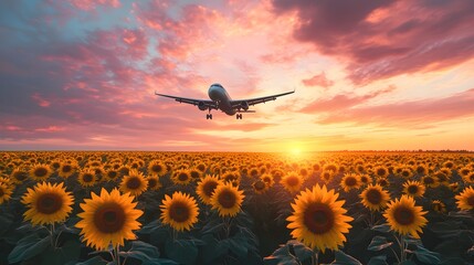 A light aircraft gliding over a sunflower field during golden hour, the sky painted with watercolor pastels of pink and orange, the flowers glowing in the fading light