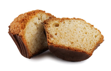 Muffin cut in half isolated on a white background.
