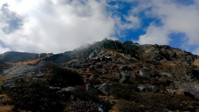 Yaks are coming down from the clouds of the mountains. 