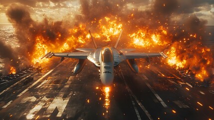 Fototapeta premium Fighter jet taking off from an aircraft carrier amidst an explosion, fire raging, and the deck cracking open, capturing the danger and chaos