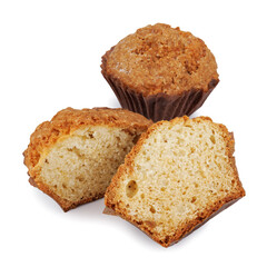 Whole and half muffin isolated on white background.