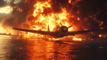 Airplane engulfed in a fiery explosion, debris scattering, intense flames reflecting on the ocean near an aircraft carrier, capturing the peril and chaos