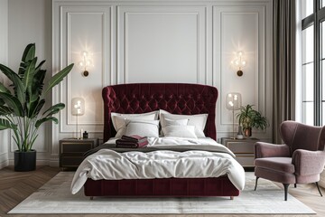 Modern bedroom with dark red velvet headboard, white wall paneling, beige carpet, light gray tiles, armchair, large window, soft lighting, green plant, and high-resolution 3D rendering.
