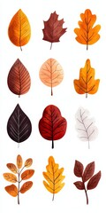 Obraz premium Flat design vector autumn leaves icon set simple shapes and solid colors orange yellow and brown tones modern and clean aesthetic
