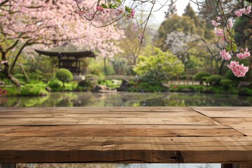 Fototapeta premium A tranquil garden scene featuring cherry blossoms alongside a serene pond, perfect for relaxation and nature inspiration.