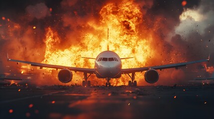 Intense airport scene with an airplane in mid-explosion, capturing the fire and the frantic response of emergency teams