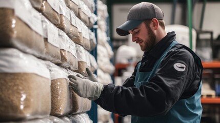 Worker Inspecting Packages of Beans in a Warehouse