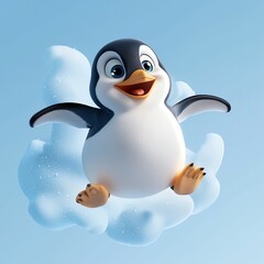 Adorable cartoon penguin floating on a fluffy cloud in a bright blue sky, radiating joy and whimsy.