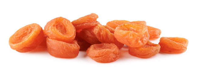 A bunch of dried apricots isolated on a white background.