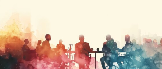 A vibrant silhouette of business professionals in a collaborative meeting, showcasing teamwork and innovation.