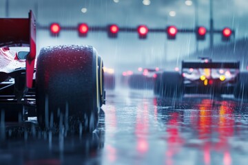 Rainy race day with blurred red lights and wet surface.