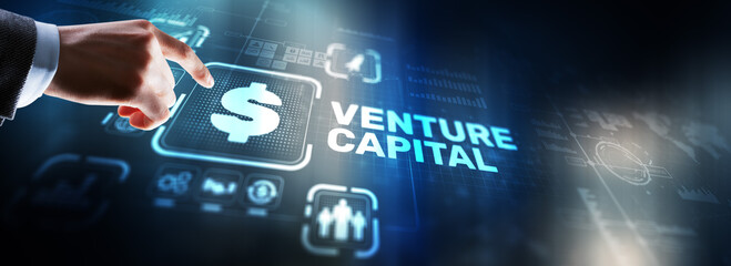 Venture capital. Investor capital. Businessman pressing virtual screen inscription