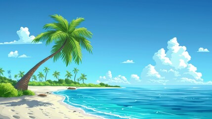 This bright landscape features a captivating beach under a clear, blue sky, where gentle waves lap at the shore, and lush palm trees sway in the sunlight, creating a perfect vacation atmosphere