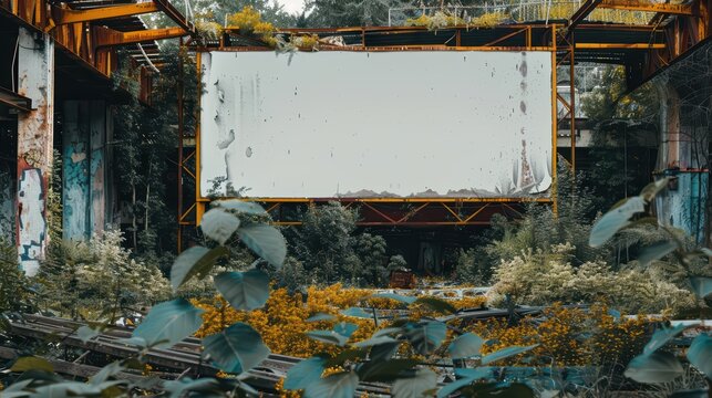 An abandoned outdoor movie theater overtaken by nature, showcasing a forgotten screen surrounded by lush vegetation.