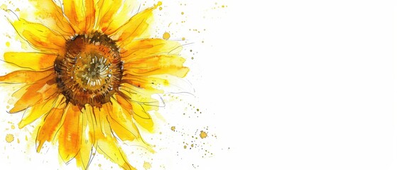Obraz premium Bright and vibrant sunflower illustration with watercolor splashes, perfect for nature-themed designs and cheerful decorations.