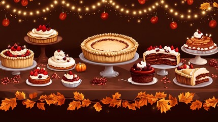 Assortment of Thanksgiving desserts on a rustic table with autumn leaves and lights.