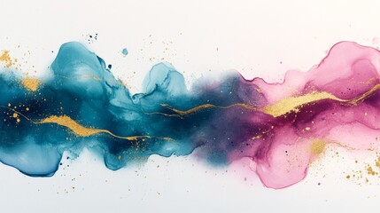 Obraz premium Abstract Watercolor Painting with Gold Accents and Blue and Pink Swirls