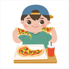 little boy eats a slice of pizza. Unhealthy fast food concept for kids.