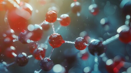 a red and blue structure with many spheres on it and a blurry background