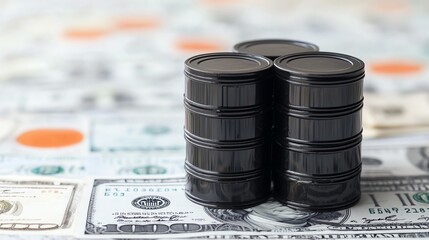 Close-up of oil barrels on US dollar bills symbolizing the connection between oil prices and the economy. Financial concept.