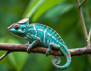 Obraz premium Colorful Chameleon Perched On Branch In Tropical Forest. Ai generated image