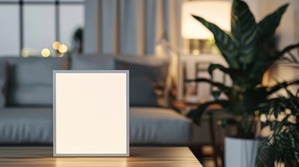 Fototapeta premium Cozy living room scene with a blank frame on a table, perfect for showcasing art or photos in a stylish, modern environment.