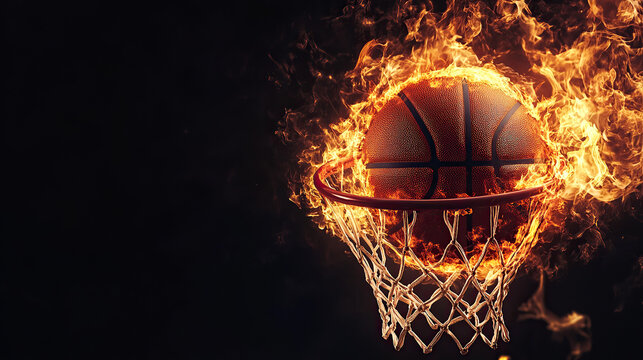 Epic Basketball on Fire Against Dark, Background Intense Sports Drama