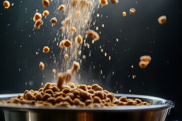 With dynamic motion blur, a close-up action shot shows dog food pouring into a bowl, symbolizing active pet care