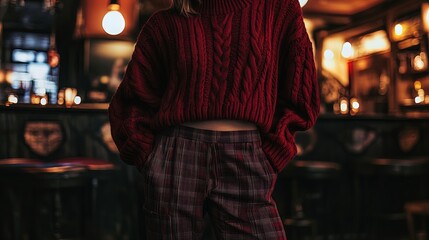 Obraz premium Embrace Grunge Style: Deep Burgundy Sweater with Oversized Cable Patterns and Plaid Pants - Perfect as a Poster for an Edgy Sports Interior!