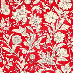 Red floral pattern with white flowers and leaves.