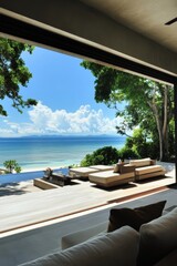 Fototapeta premium Serene Luxury: A Modern Villa OverlookingPrivate BeachMinimalist Elegance