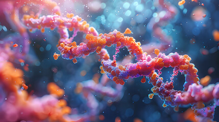 Fototapeta premium Human DNA system cell structure in medical science graphic style color rainbow on blur background. Genetic material makes up living thing. Realistic biotechnology. Gene is helix biotech, biology. 