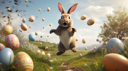 Joyful easter bunny leaping with excitement surrounded by colorful easter eggs, celebrating the festive spring holiday with vibrant decorations and fun


