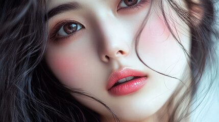 Fototapeta premium Portrait of an Asian woman with long hair, big eyes, and pink lips, wearing white makeup