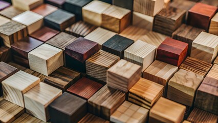 Obraz premium Abstract block stack wooden 3d cubes, colorful wood texture for a backdrop. 3d modern cubes on the wall for background banner panorama.