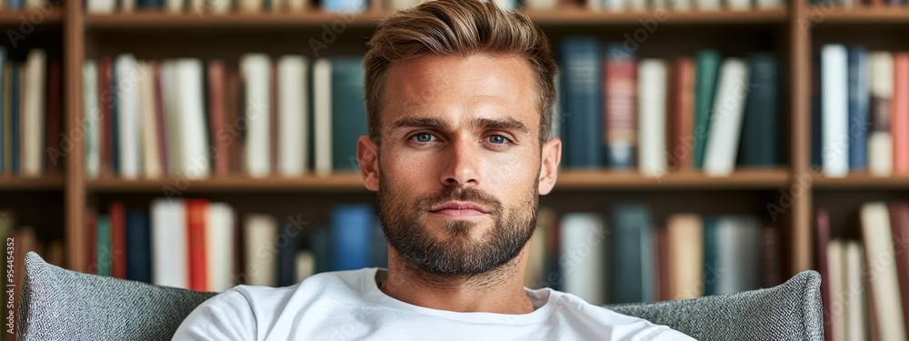 Wall mural a bearded man sits in a chair before a bookshelf filled with numerous books