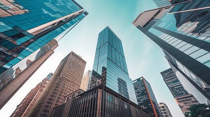 Dynamic skyscrapers soaring into blue sky, showcasing modern architecture and urban development.