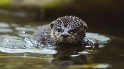 Cute Otter Swimming in Riverbank Water with Reflection