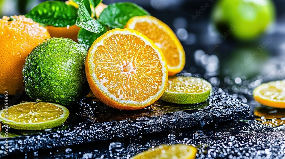 Wall mural oranges and limes on a wet green table