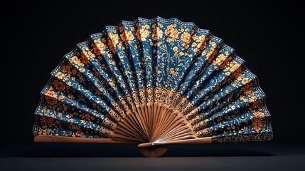 Elegant Asian folding fan with floral pattern on a dark background, capturing intricate embroidery and delicate craftsmanship.