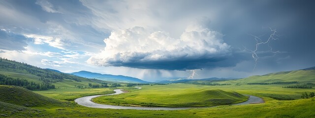  A river winds through a verdant valley beneath a cloud-studded sky