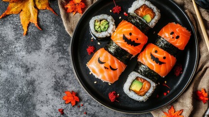 Halloween-themed sushi like pumpkin Jack o Lanterns. Kid-friendly. Ceramic plate, stone background.