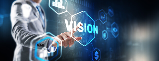 Vision. Business people and modern city on background. Virtual screen