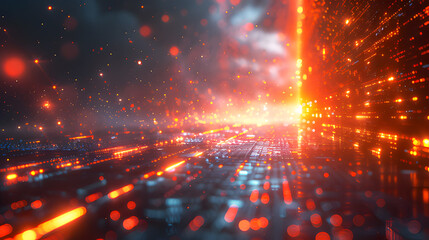Fototapeta premium Technology Abstract Texture Background. Light shines through future world. Holographic light is wave orange falling in at night. Beautiful effect light sparkling meteors on black background. 