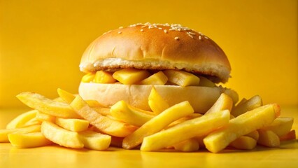 A close-up shot of a chip butty, golden fries spilling out of a crispy bread roll, against a vibrant yellow background, with a shallow depth of field.