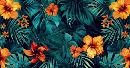 Fototapeta premium A vibrant tropical floral pattern featuring hibiscus flowers and lush green leaves.